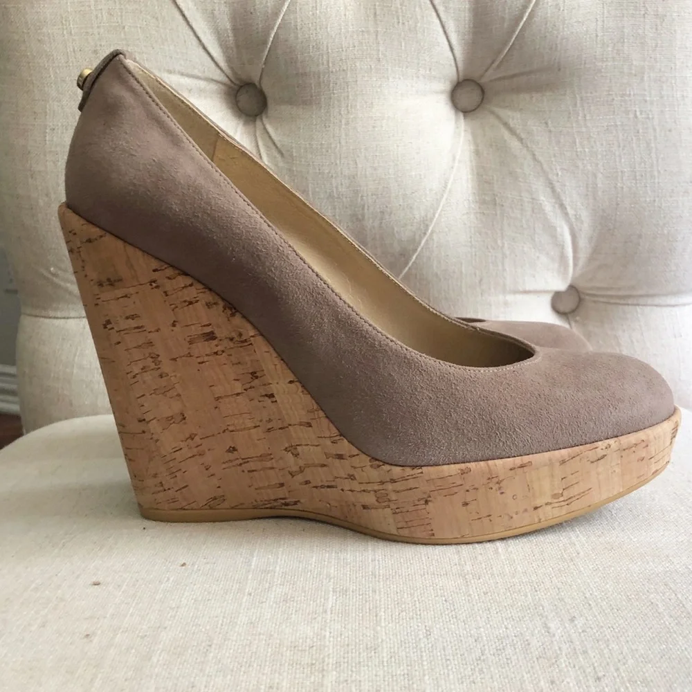 Stuart Weitzman Taupe Suede Cork Platform Wedges